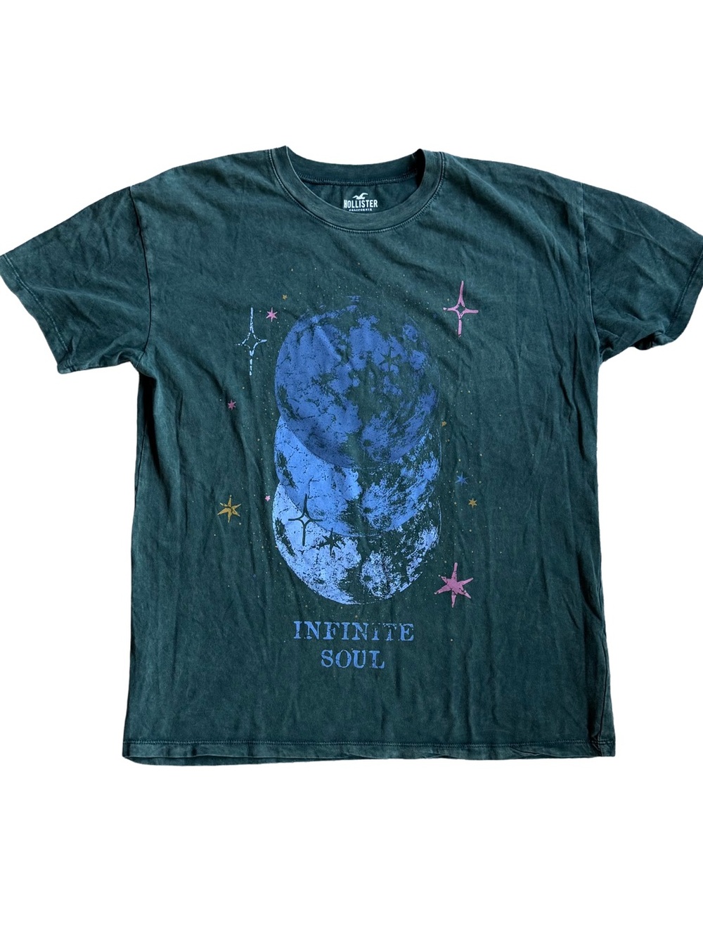 Hollister Teal Crewneck Tee with Triple Moons and Stars